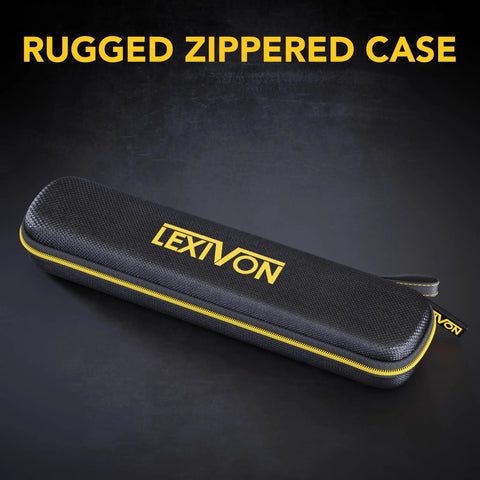 Kickass Aluminum Digital Angle Finder And Multipurpose Protractor Gauge With Rock Solid Build And No Fuss Four Switch Layout Featuring Bright Xl Screen Secure Zero Hold Buttons Plus Heavy Duty Zippered Gear Pouch in rugged zippered case.