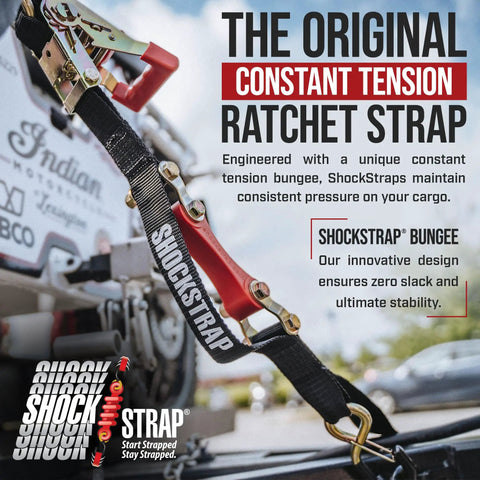 Heavy Duty Shock Absorbing Ratchet Strap Set 7 Ft By 1.5 In For Cargo Securement, 1,000 Lb WLL And 3,000 Lb Break Strength strap attached to trailer