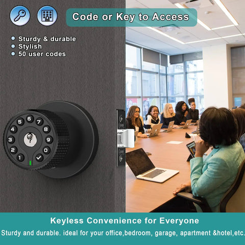 Keypad Door Knob With Keyless Entry and Code Lock, Auto Lock, Backlit Keypad, 50 User Codes Plus Master Code in office setting