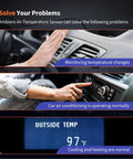 No Drama Fix Ambient Air Temperature Sensor With Connector Pigtail Plug quick swap for Audi A3 A4 A6 and VW cars display showing outside temperature and controls.