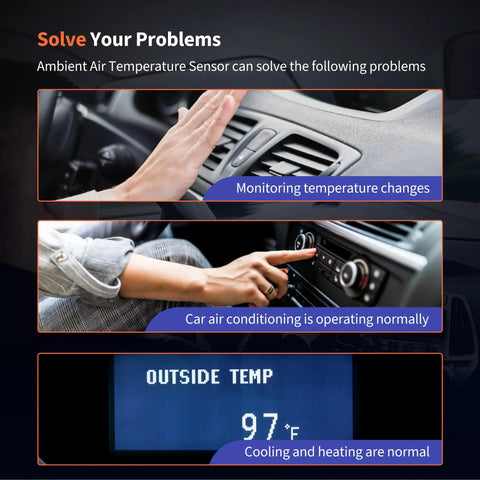 No Drama Fix Ambient Air Temperature Sensor With Connector Pigtail Plug quick swap for Audi A3 A4 A6 and VW cars display showing outside temperature and controls.
