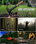 12 Inch Camping Axe And Survival Hatchet With Sheath shown on tree stump for outdoor use, with hiking, hunting, camping scenes.