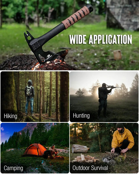 12 Inch Camping Axe And Survival Hatchet With Sheath shown on tree stump for outdoor use, with hiking, hunting, camping scenes.