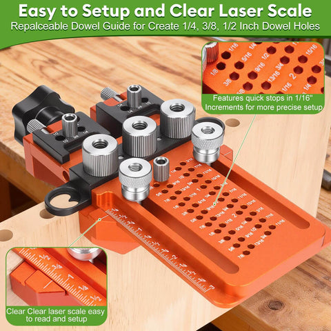 Adjustable Dowel Jig Kit with Quick Positive Stop and Clamp for Precision Woodworking, fitting 1/4, 3/8, 1/2 inch dowel holes