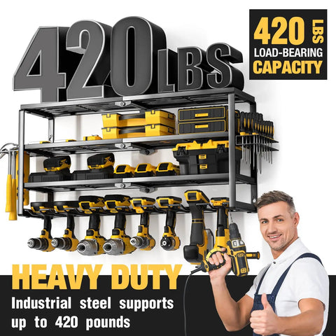 4 Layer Power Tool Organizer Wall Mount With Charging Station 32 Inch Cordless Drill Rack Battery Tools Holder Shelf For Garage Workshop Pegboard Shed Built Tough Durable 8 Slots supporting 420 lbs