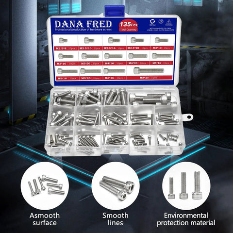 Hex Socket Head Cap Screw Kit 135 Pcs Set Stainless Steel Fasteners M2.5 To M8 in clear box, multiple sizes