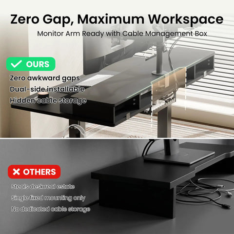 Top Shelf Electric Standing Desk 55x26 Inch with cable management box and dual monitor shelf in workspace.