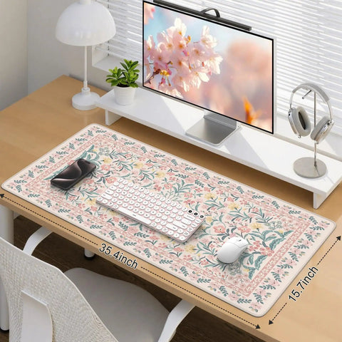 Pink Floral Desk Pad For Aesthetic Office Setup, XXL Large Mouse Pad With Non Slip Base And Stitched Edges on wooden desk
