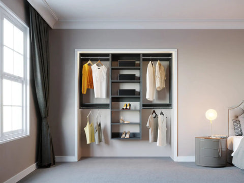 Sleek Modular Closet Organizer Wall Mounted Kit With Heavy Duty Hanging Rods Adjustable Shelves Smooth Glide Rails Grey Finish No Sweat Installation Organization System displaying stylish clothing and shoes.