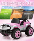Pink Remote Control Car For Girls 1:16 Scale With Doll And Sticker Pack shown on grass, sandy road, and highroad terrain.