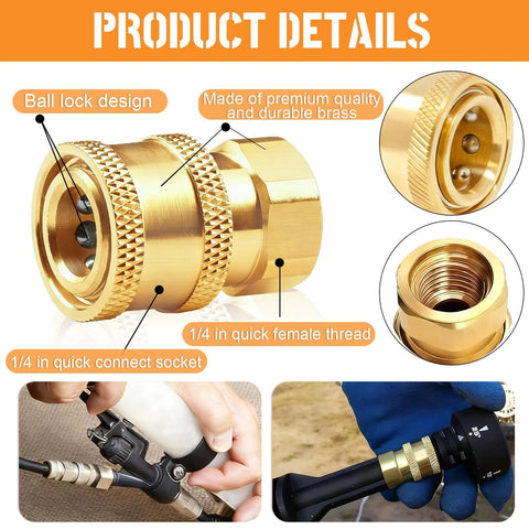Brass pressure washer quick-connect couplers, 1/4 in to female NPT socket, ball-lock design, 2-pack, front view