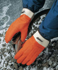 Person wearing Comet Insulated PVC Coated Work Gloves With Safety Cuff In Hi Vis Orange Grippy Texture For Wet Or Slippery Surfaces Inner Jersey Lining And Foam Insulation For All Day Warmth 12 Pack, gripping icy surface.