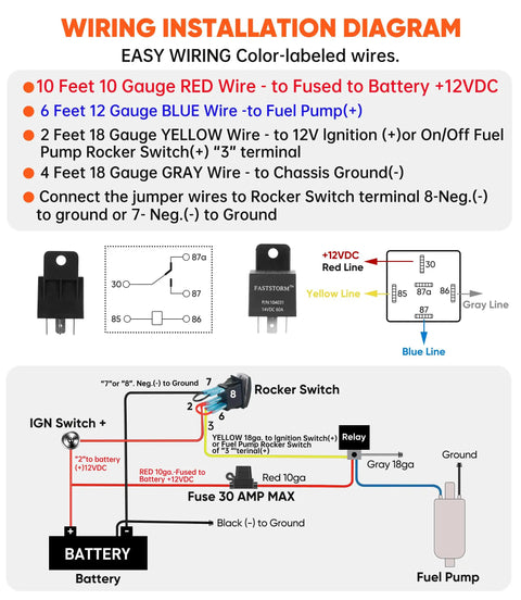 Wiring installation diagram for 12V Electric Fuel Pump Relay Kit Waterproof 60 Amp Heavy Duty Long Wiring Harness