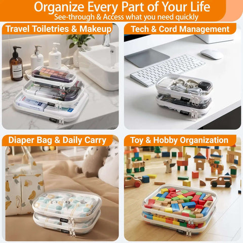 No Stress Clear Hard Shell Zipper Cases and Travel Organizers With Premium Rigid Body for toiletries and tech accessories stacked on a desk.
