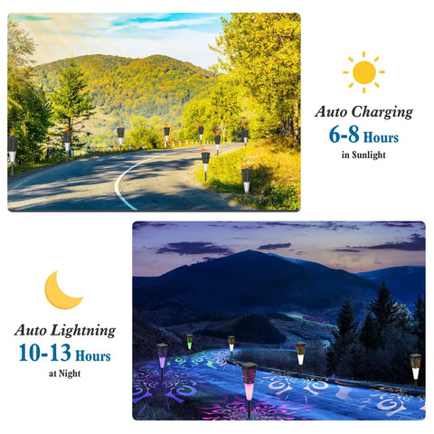 Solar Powered Pathway Lights 4 Pack Multicolor Outdoor Garden Lights IP67 Waterproof illuminating driveways day and night.