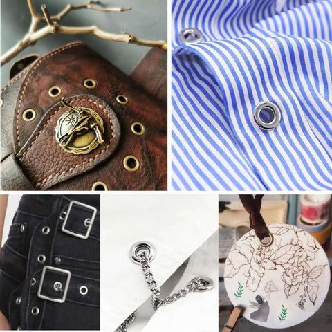 Grommet applications using 1203Pcs Grommet Eyelet Pliers Tool Kit With 1/4 Inch Eyelets And Washers on leather, fabric, and belts.