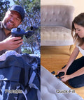 Man holding Beast Portable Electric Air Pump With Three Nozzles outdoors, woman using pump indoors on air mattress