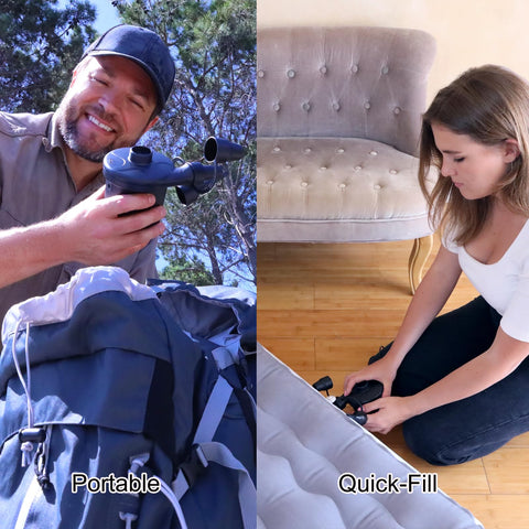 Man holding Beast Portable Electric Air Pump With Three Nozzles outdoors, woman using pump indoors on air mattress