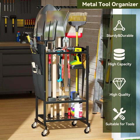 Rolling Garden Tool Organizer With Wheels, Beefy Heavy Duty Tool Tower Cart For Garage Or Shed, Outdoor Ready, Black