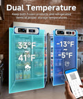 Dual zone temperature display of Plug And Play Commercial Refrigerator Freezer Combo 72 Inch Upright Fridge And Freezer With Smart WiFi App Control.