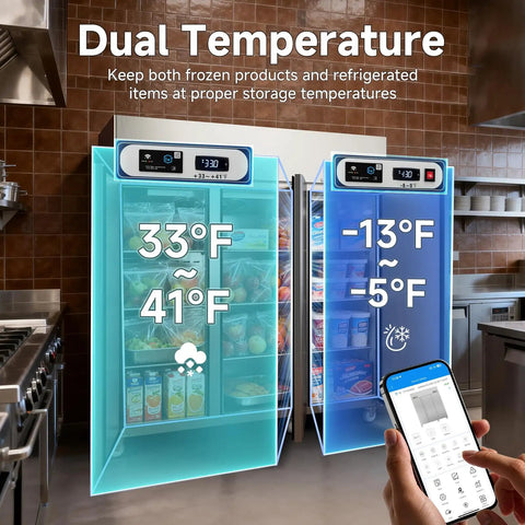 Dual zone temperature display of Plug And Play Commercial Refrigerator Freezer Combo 72 Inch Upright Fridge And Freezer With Smart WiFi App Control.