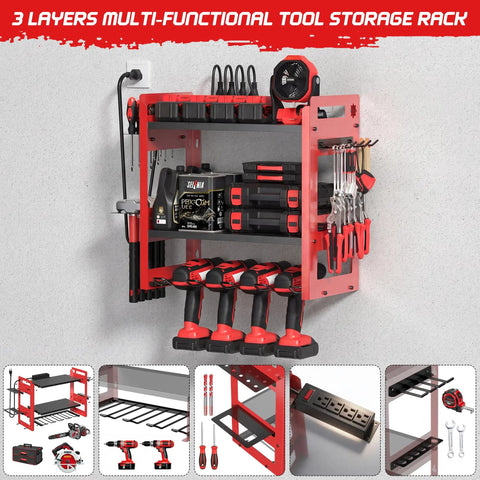 Power Tool Organizer Wall Mount With Charging Station And Storage Rack, 3 Tier Heavy Duty Metal Tool Rack With 4 Drill Holders