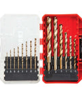 Craftsman 14-piece gold oxide drill bit set in red and clear plastic case for wood, plastic or metal