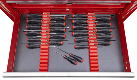 Screwdriver Pro Modular Organizer For 13 Tools With Magnetic Base Red Made In USA Built Tough For Real World Jobs Quick Access Custom Config Keeps Your Screwdrivers Neat And Ready To Roll holding 13 screwdrivers in a red tool drawer