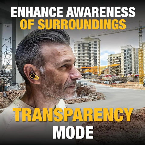 Person wearing Jobsite Pro X2 True Wireless Earbuds With Active Noise Canceling, Glove Friendly Dial Control, 40 Plus Hour Battery, IP54 Water Resistant, Four EQ Modes, Bluetooth For Construction Work on a construction site.