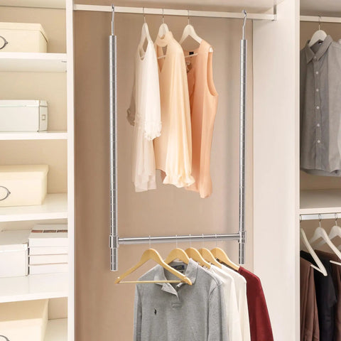 Straight Up Upgrade With This Expandable Chrome Closet Hanging Rod Adjustable Wardrobe Pole For Dorms That Instantly Doubles Your Hanging Storage Holds Heavy Outfits Snugly And Makes Tiny Spaces Work Wonders