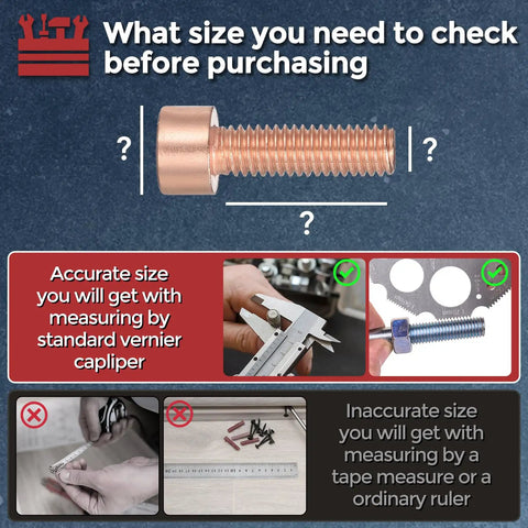 Image showing Rock Solid M6 X 40mm Socket Head Cap Screws And Hex Nuts Kit Forge Built From Solid Red Copper and measurement tips.