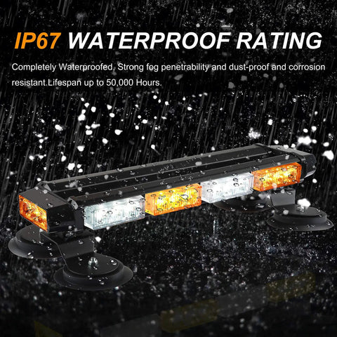 16.8 Inch LED Strobe Light Bar With 26 Flashing Modes High Intensity Emergency Hazard Beacon For Cars Trucks Trailers Roof Magnetic Base Amber White Day And Night Visibility in rain showing IP67 waterproof rating.