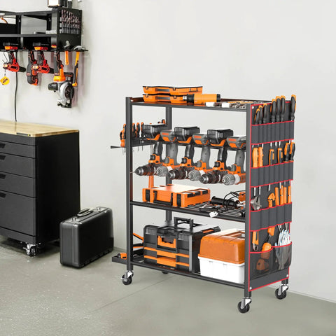 Rolling Power Tool Storage Cart With Four-Tier Drill Organizer That Fits Up To 12 Drills, Tool Boxes, Hand Tools, And Accessories