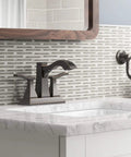Truss Center Set Lavatory Faucet With Lever Handles Craftsman Inspired Bathroom Tap on marble countertop