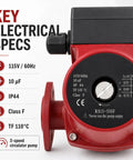 Key specs of Heavy Duty Hot Water Circulation Pump Made Tough To Crush High Head Loads One Eighth HP 115 Volt.