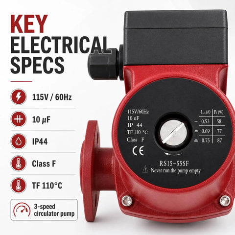Key specs of Heavy Duty Hot Water Circulation Pump Made Tough To Crush High Head Loads One Eighth HP 115 Volt.