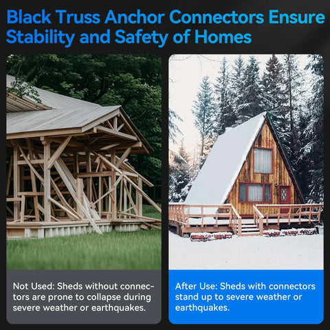 Black Truss Anchor Connectors ensure stability and safety of homes in severe weather and earthquakes, comparison of sheds with and without connectors.