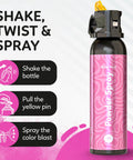 Sick Vibes Pink Smoke Bomb Powder Spray Launcher Kit For Outdoor Raves And Festivals Featuring Hella Biodegradable Color Burst and Super Quick Cleanup, showing shake and spray instructions.
