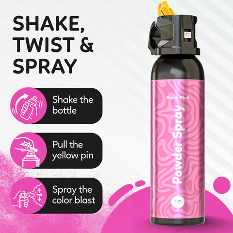 Sick Vibes Pink Smoke Bomb Powder Spray Launcher Kit For Outdoor Raves And Festivals Featuring Hella Biodegradable Color Burst and Super Quick Cleanup, showing shake and spray instructions.