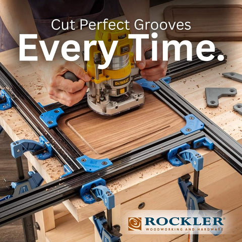 Router Jig For Cutting Boards Up To 18 By 18 Inches With Adjustable Groove And Corner Radius Guides A Pro Grade Versatile Variable Router Guide For Precise Centered Grooves And Easy To Use Smooth Routing On Any Wood Project installed on a workbench with clamps and wood piece, demonstrating use.