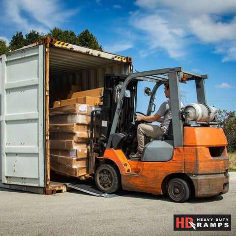 Heavy Duty Aluminum Shipping Container Forklift Ramp 60 By 63 Inch Deck Designed For 12000 Lb Per Axle Loads, forklift loading containers.