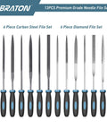 LIBRATON 13-piece needle file set with 6 carbon steel and 6 diamond files; black handles with blue accents, front view