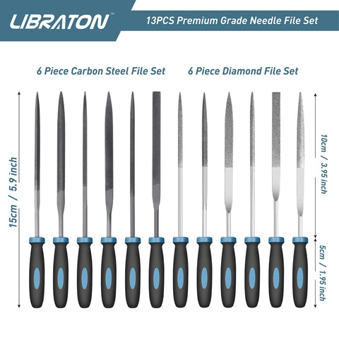 LIBRATON 13-piece needle file set with 6 carbon steel and 6 diamond files; black handles with blue accents, front view