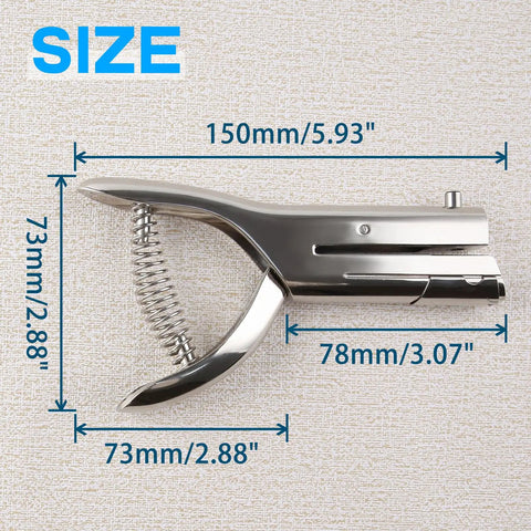 Dimensions of Heavy Duty Handheld Single Hole Punch for paper card plastic PVC and cardstock; pro grade long reach hole puncher side view.