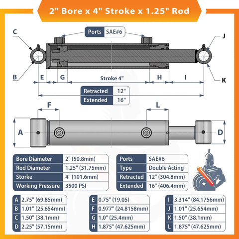 Technical diagram of Heavy Duty 2x4 Hydraulic Cylinder With 2 Inch Bore And 4 Inch Stroke Double Acting Welded Cross Tube 3500 PSI