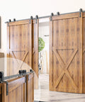 Black Rustic Single Track Bypass Sliding Barn Door Hardware Kit for Four Doors 10ft Long Flat Track shown in wood finish