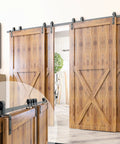 Ultimate Black Rustic Single Track Bypass Sliding Barn Door Hardware Kit for Four Doors includes wood doors and smooth roller track.