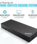 Lenovo docking station with USB C, HDMI, DisplayPort, and power delivery for dual monitors, shown in black on a white background.