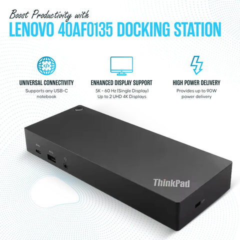 Lenovo docking station with USB C, HDMI, DisplayPort, and power delivery for dual monitors, shown in black on a white background.