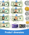 Kid Friendly Realistic Play Money Set With Bills And Coins, Hands On Math Manipulatives For Learning Addition, with product dimensions.